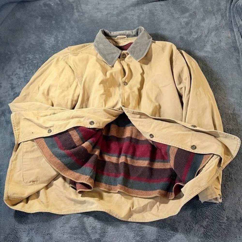 Woolrich John Rich Mens Tan Canvas Barn Coat Corduroy Collar Blanket Lined XL